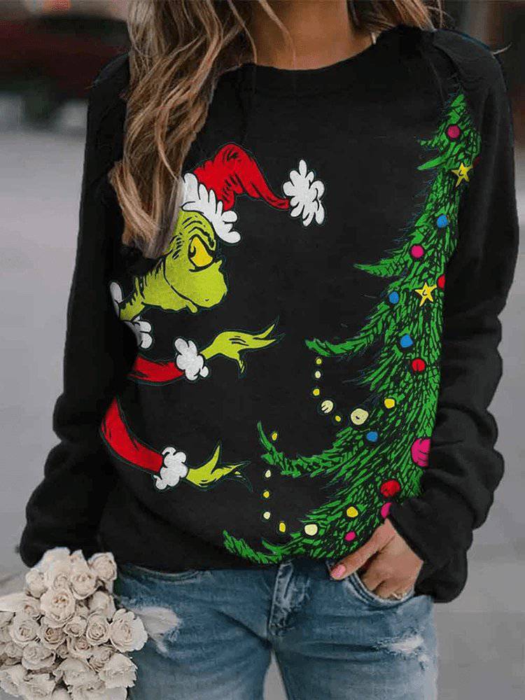 Minerva Long Sleeve Round Neck Christmas Print Sweatshirt - Hot fashionista