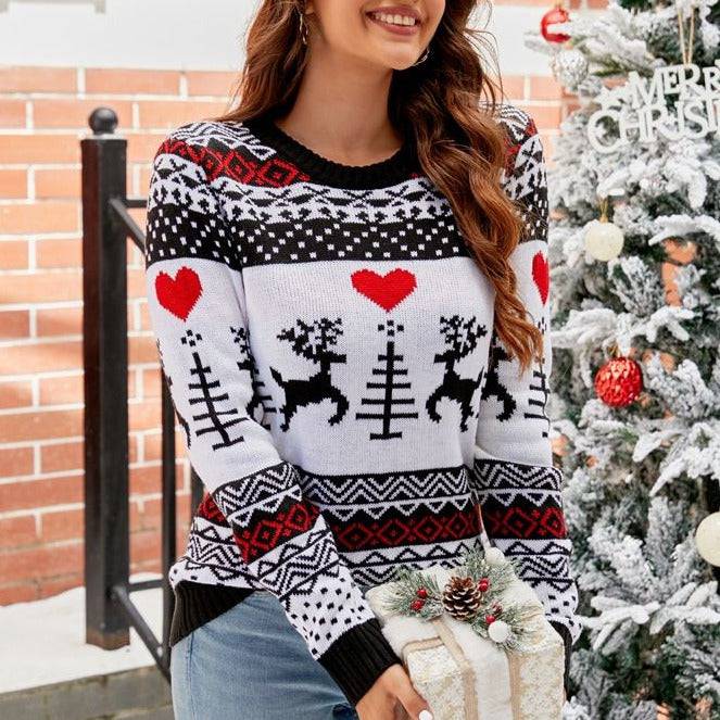 Laureigh Reindeer Heart Print Knit Pullover Sweater - Hot fashionista