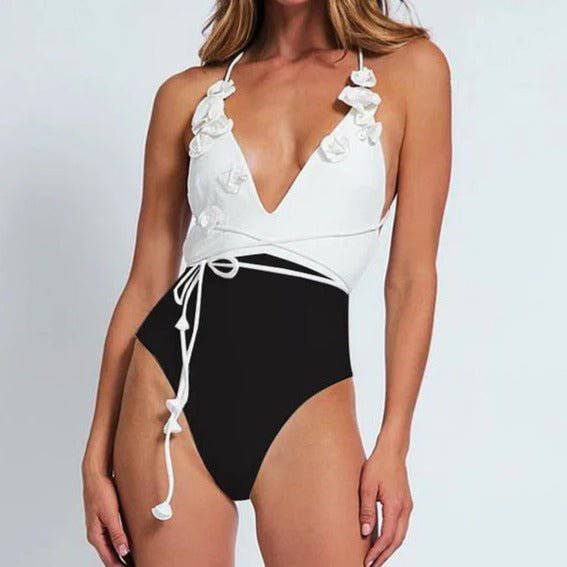 Julia Criss Cross Colorblock Knitted Flower Applique One Piece Swimsuit - Hot fashionista