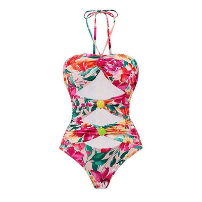 Maillot de bain fleuri à découpes et col licou Julia avec jupe fleurie