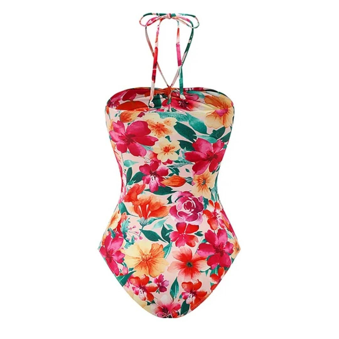 Maillot de bain fleuri à découpes et col licou Julia avec jupe fleurie