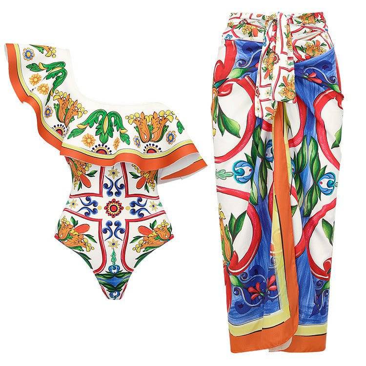 Maillot de bain une pièce fleuri à une épaule Katy et jupe cache-maillot fleurie