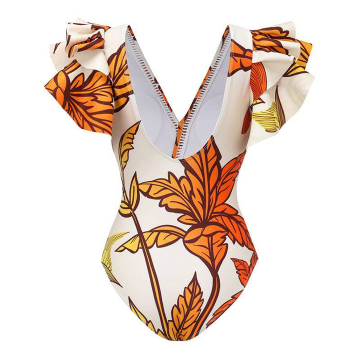 Louise Ruffle Sleeve V Neck Leafy Print Wrap Front One Piece Swimsuit - Hot fashionista