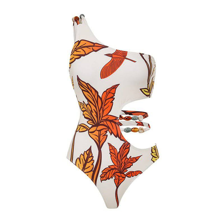 Mariah One Shoulder Leafy Bird Print Cut Out One Piece Swimsuit - Hot fashionista