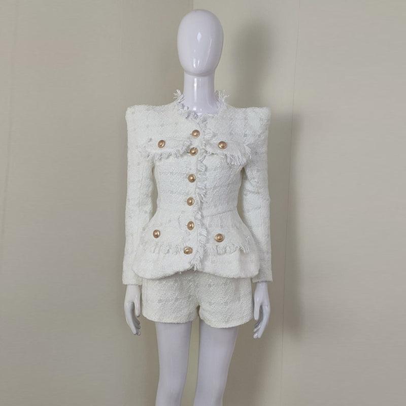 Ensemble haut blazer en tweed uni et mini short Tesha