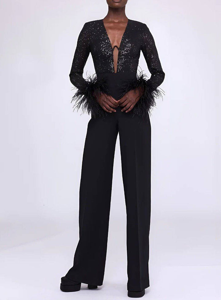 Laura Feathered Rhinestone Jumpsuit - Hot fashionista