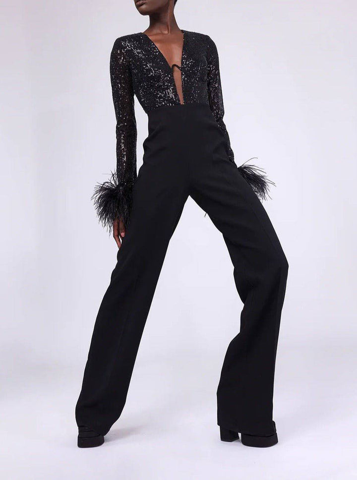 Laura Feathered Rhinestone Jumpsuit - Hot fashionista