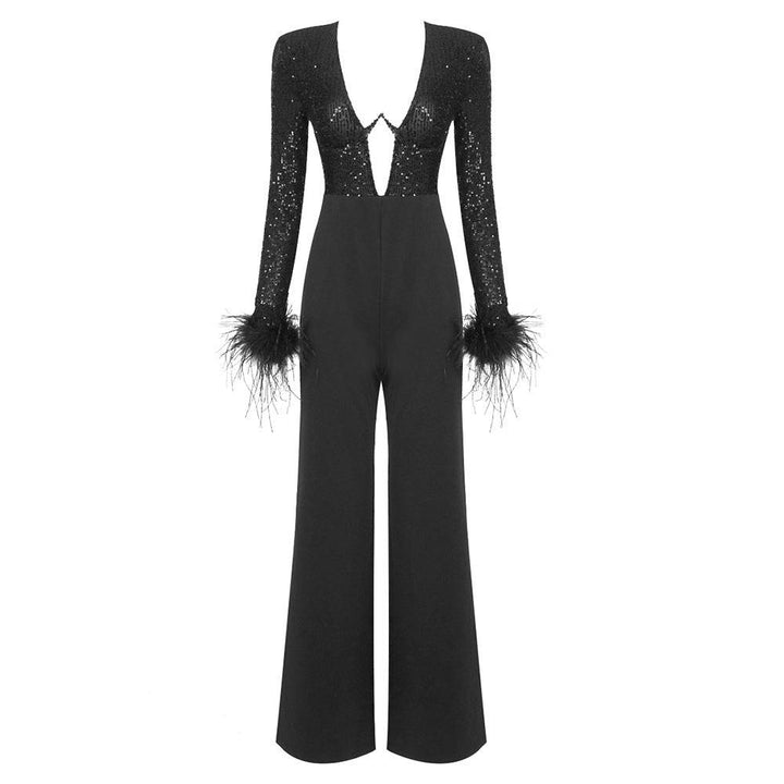 Laura Feathered Rhinestone Jumpsuit - Hot fashionista