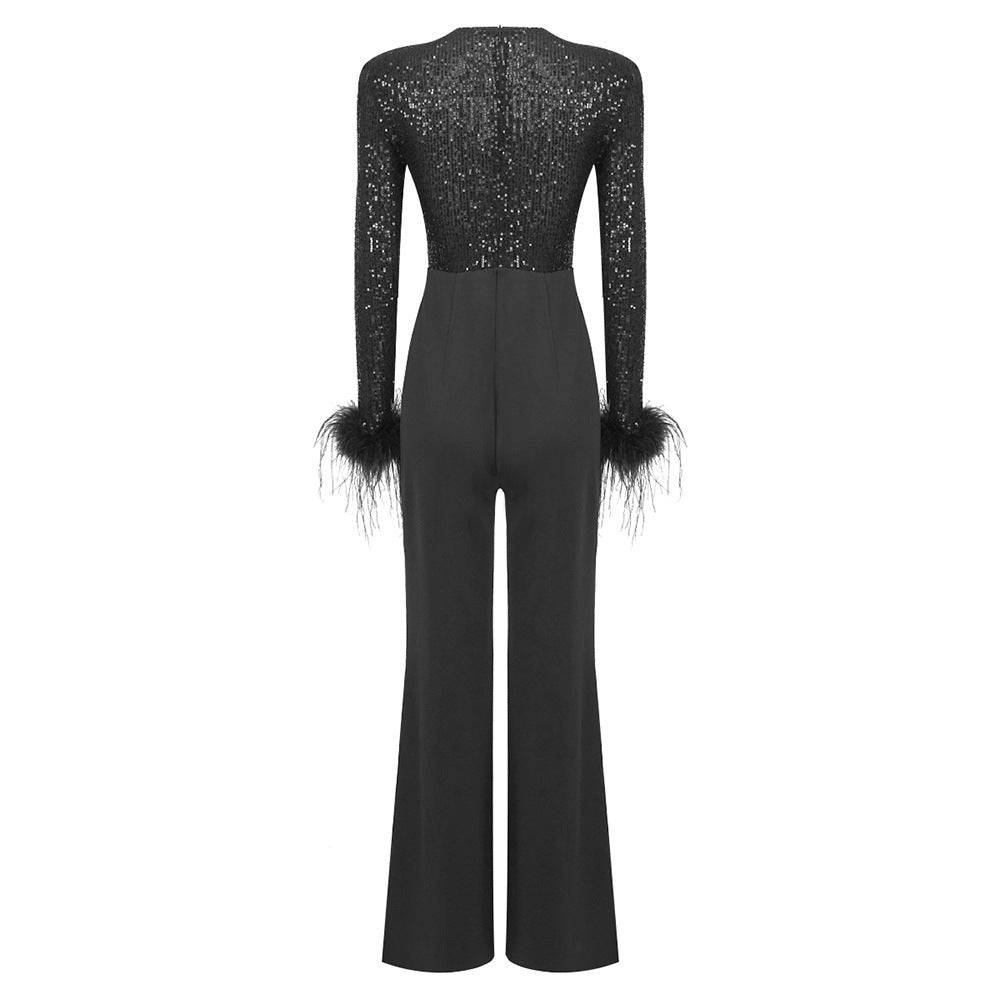 Laura Feathered Rhinestone Jumpsuit - Hot fashionista