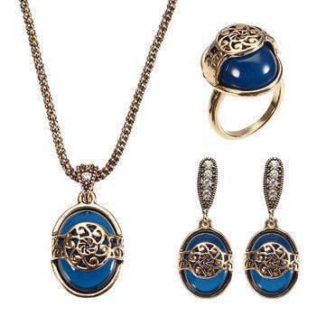 Michelle Vintage Blue Stone Ring Retro Earrings & Necklace Set - Hot fashionista