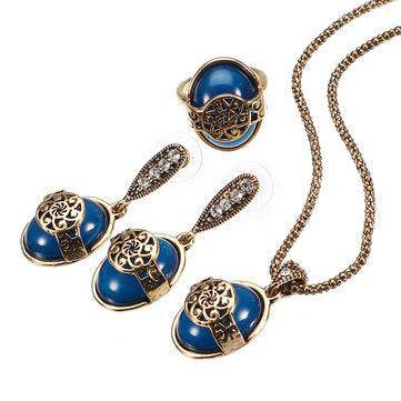 Michelle Vintage Blue Stone Ring Retro Earrings & Necklace Set - Hot fashionista