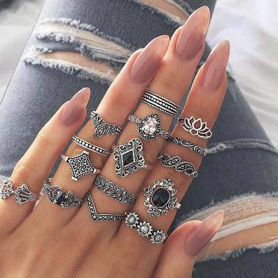 Unity 15 Pcs Bohemian Retro Crystal Ring Set - Hot fashionista