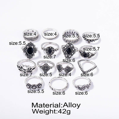 Unity 15 Pcs Bohemian Retro Crystal Ring Set