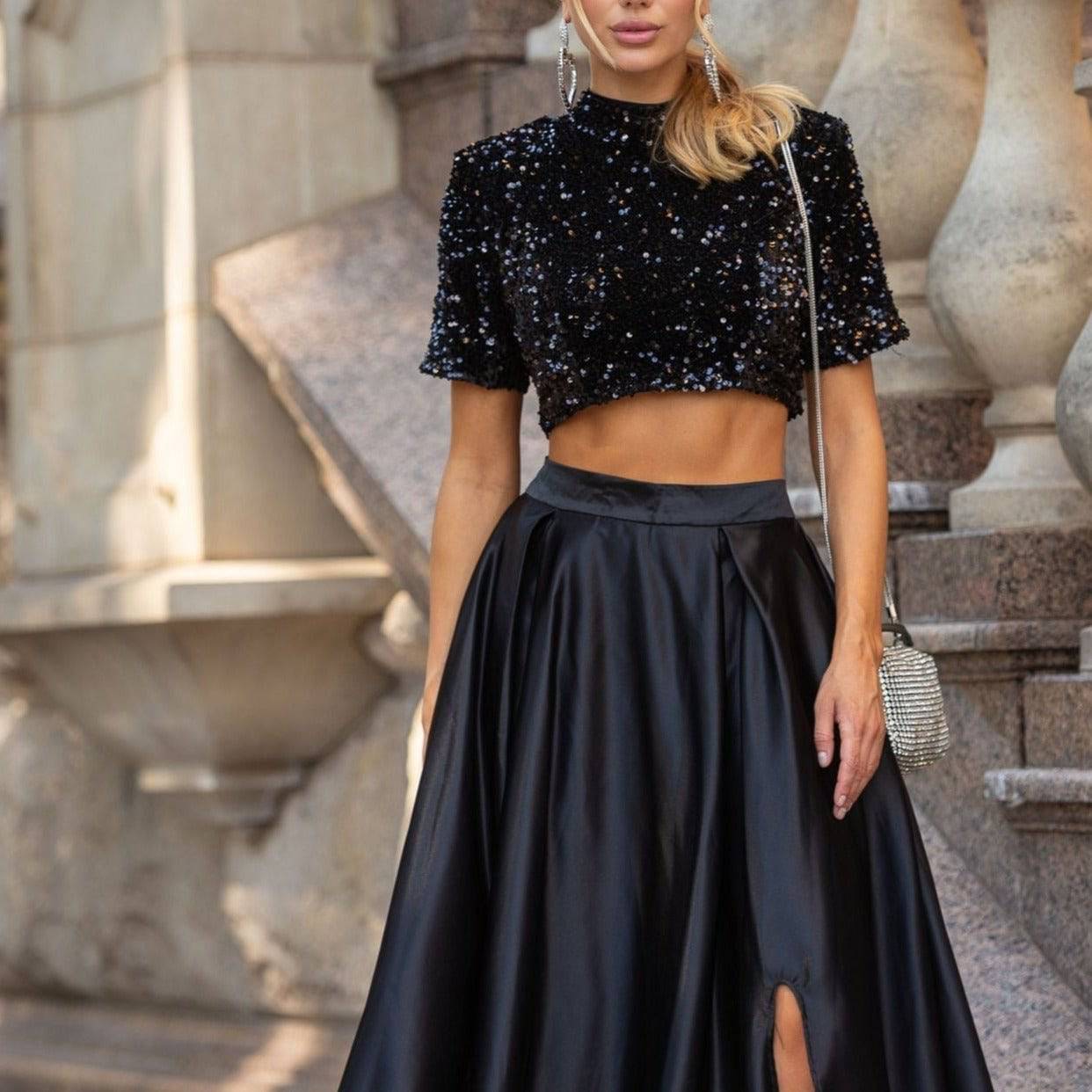 Lorrie Cropped Sequin Top and Silken Skirt With Slits