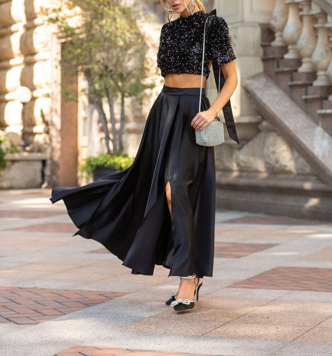 Lorrie Cropped Sequin Top and Silken Skirt With Slits - Hot fashionista