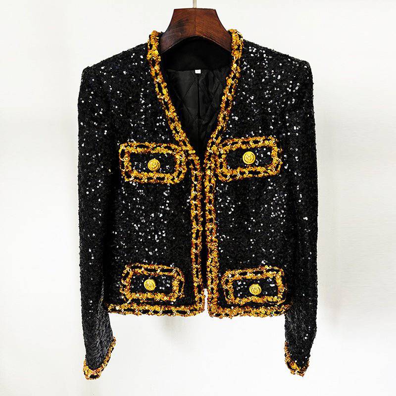 Natasha Long Sleeve Golden Lining Sequined Jacket - Hot fashionista