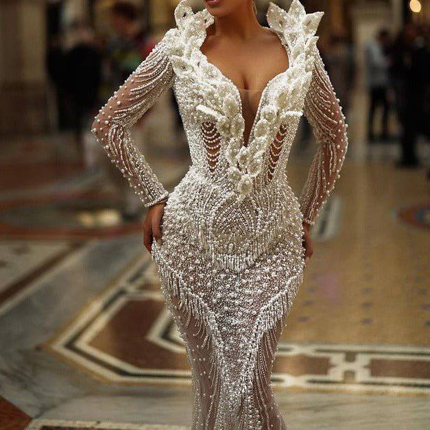 Toni Long Sleeve Pear Beaded Sequin Maxi Dress - Hot fashionista