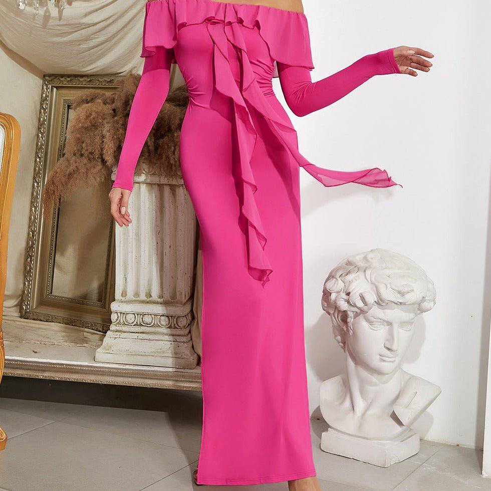 Pinky Long Sleeve Side Slit Ruffle Midi Dress - Hot fashionista