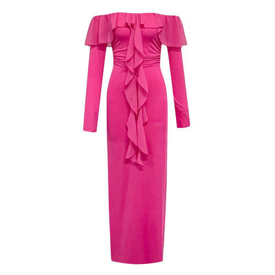 Pinky Long Sleeve Side Slit Ruffle Midi Dress