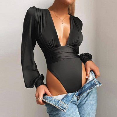 Tatiana Solid Bishop Sleeves Deep V Bodysuit