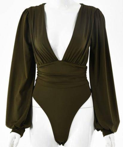 Tatiana Solid Bishop Sleeves Deep V Bodysuit - Hot fashionista