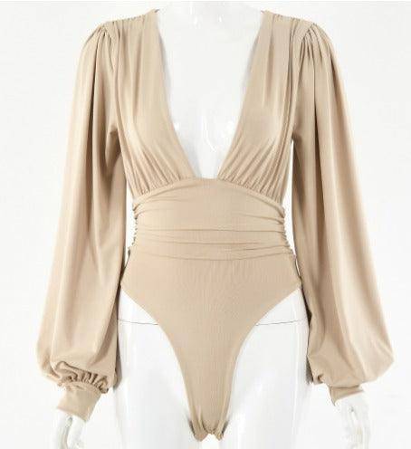 Tatiana Solid Bishop Sleeves Deep V Bodysuit - Hot fashionista