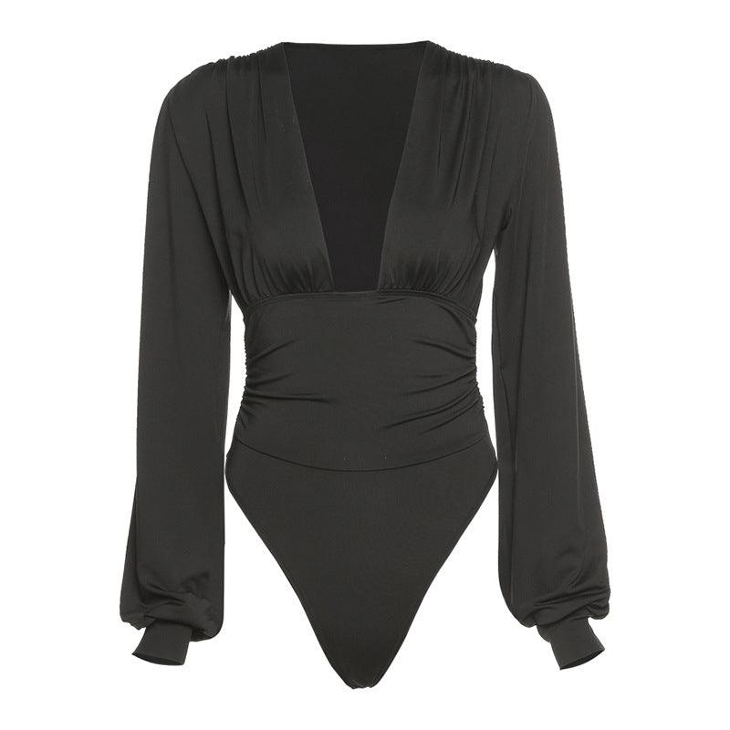 Tatiana Solid Bishop Sleeves Deep V Bodysuit - Hot fashionista