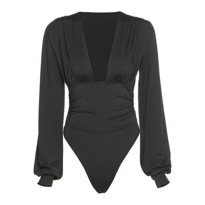 Tatiana Solid Bishop Sleeves Deep V Bodysuit