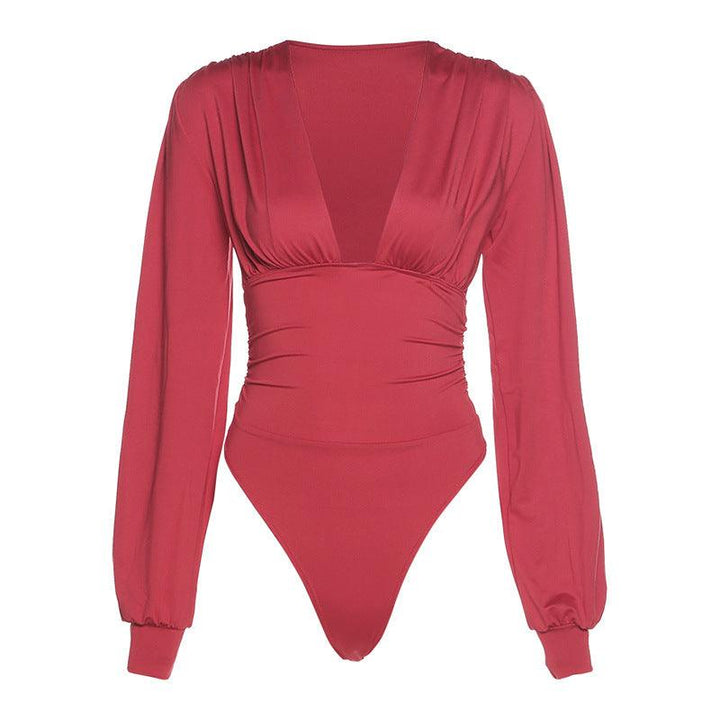 Tatiana Solid Bishop Sleeves Deep V Bodysuit - Hot fashionista