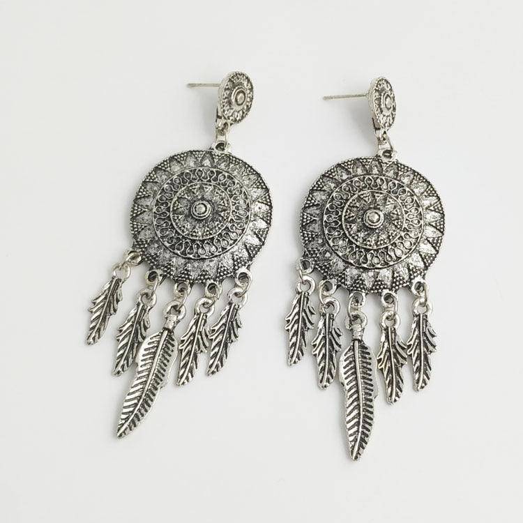 Viki Carved Dream Catcher Feather Long Tassel Earrings