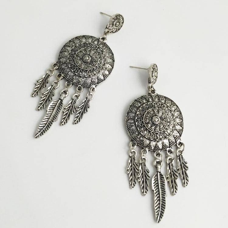 Viki Carved Dream Catcher Feather Long Tassel Earrings - Hot fashionista