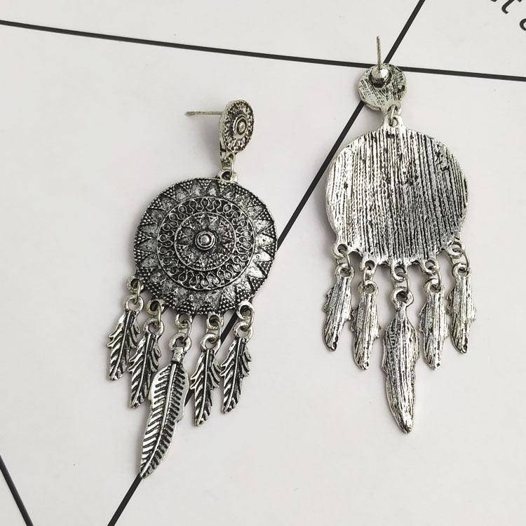 Viki Carved Dream Catcher Feather Long Tassel Earrings - Hot fashionista