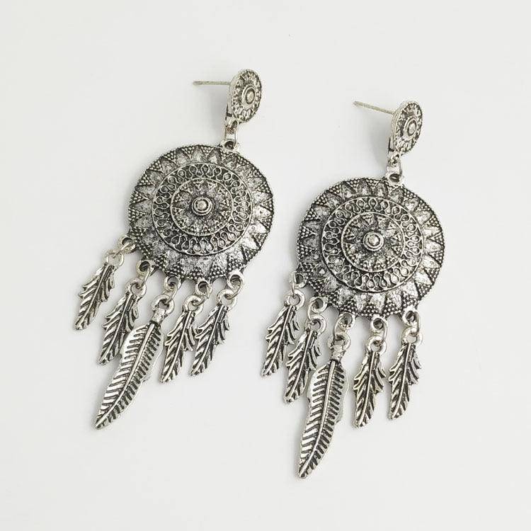 Viki Carved Dream Catcher Feather Long Tassel Earrings