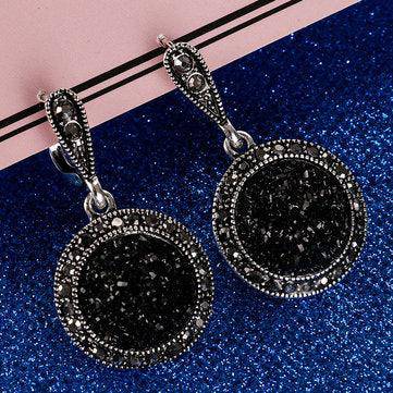 Mona Vintage Ear Drop Black Crystal Round Earring