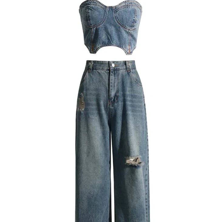 Ensemble haut sans bretelles et pantalon évasé en jean Kendall 