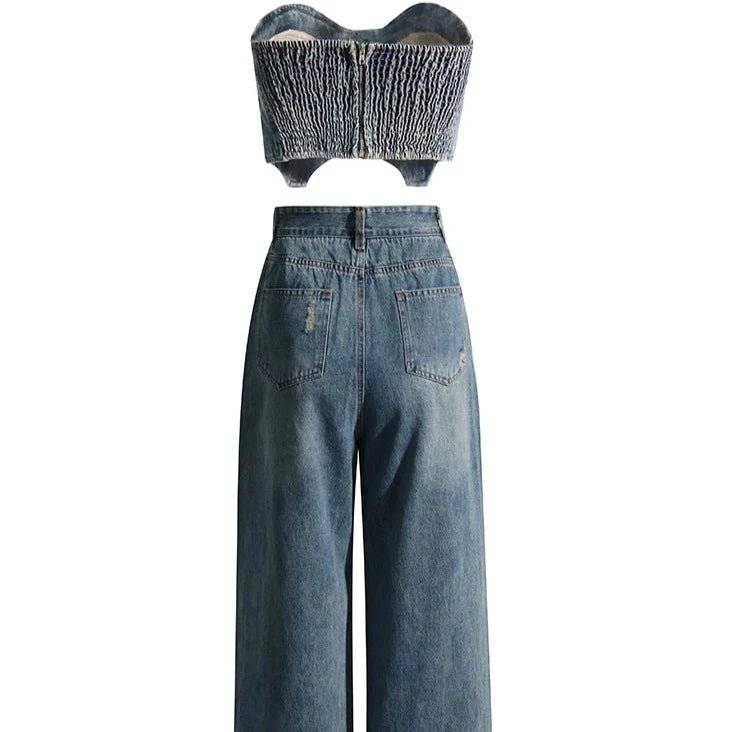 Kendall Strapless Top & Flared Denim Pants Sets - Hot fashionista