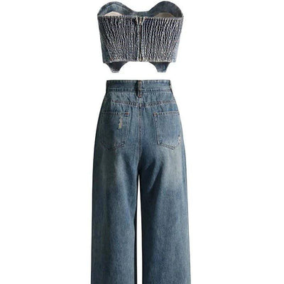 Ensemble haut sans bretelles et pantalon évasé en jean Kendall 