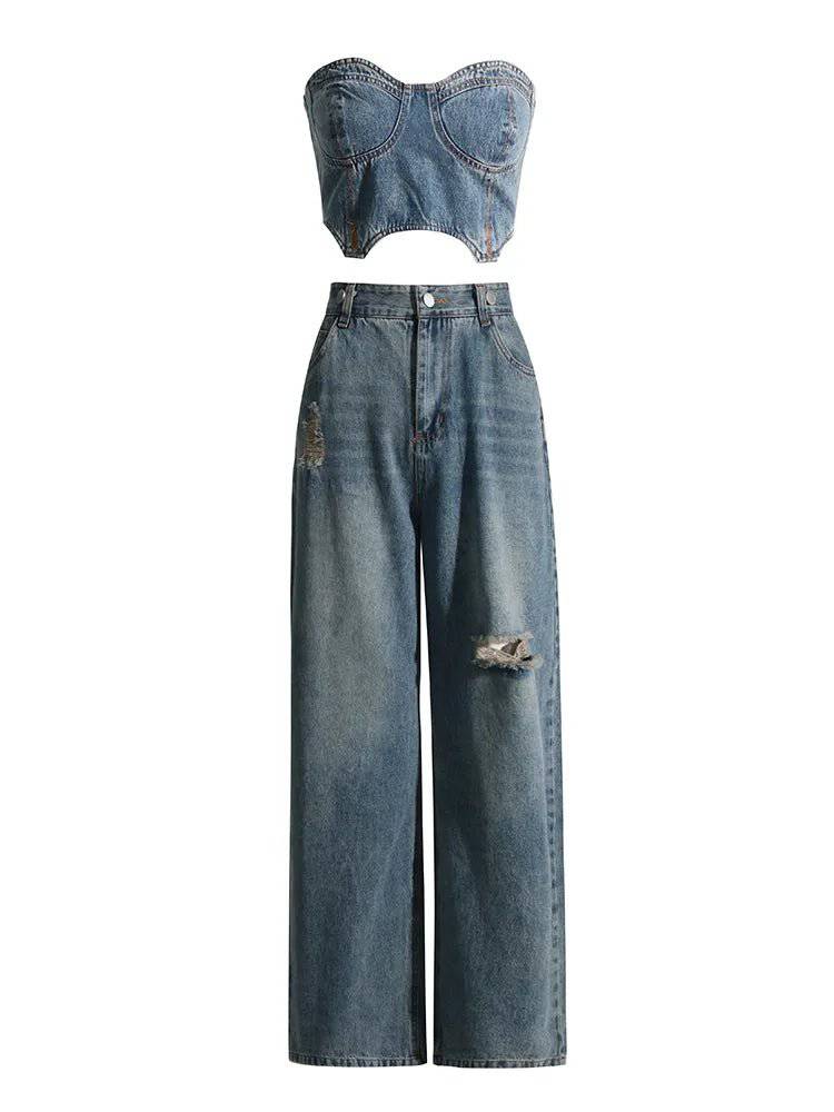 Kendall Strapless Top & Flared Denim Pants Sets