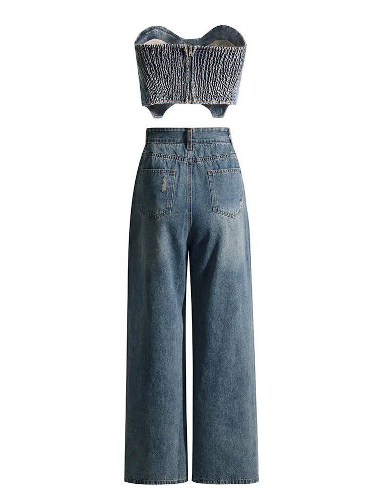 Kendall Strapless Top & Flared Denim Pants Sets