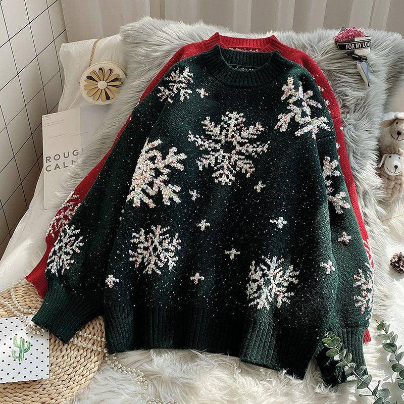 Agatha Glitter Snowflake Print Long Sleeve Sweater - Hot fashionista