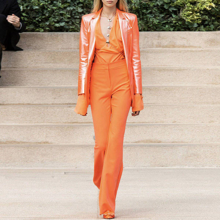 Candy Tangerine Metallic Blazer Suit - Hot fashionista