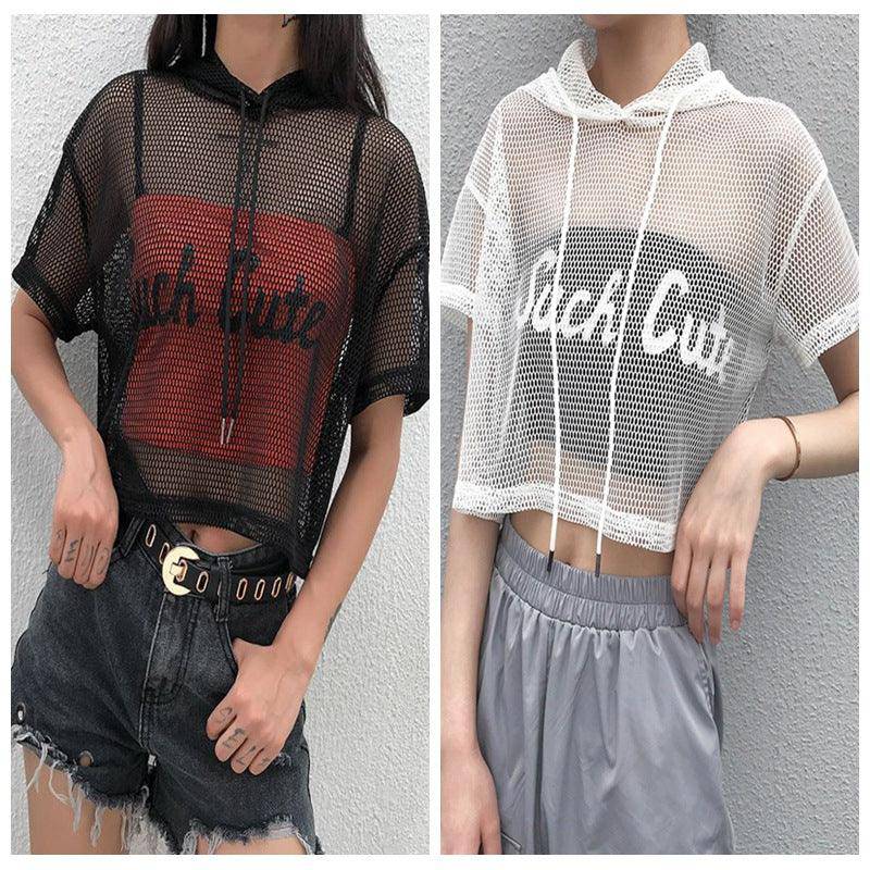 Dylan Hooded Fishnet Mesh Crop Top