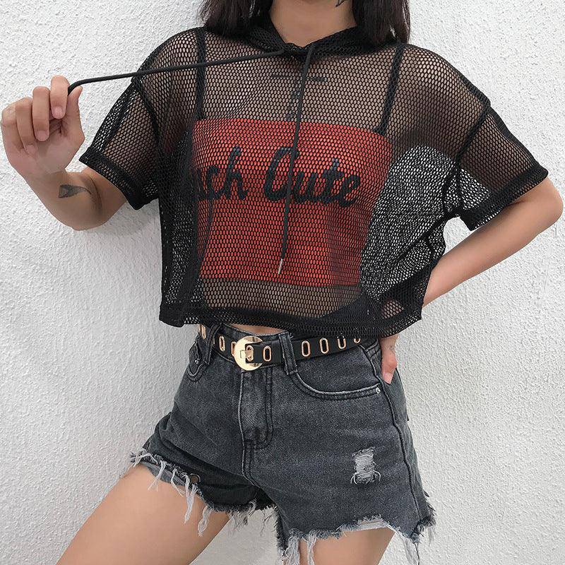 Dylan Hooded Fishnet Mesh Crop Top