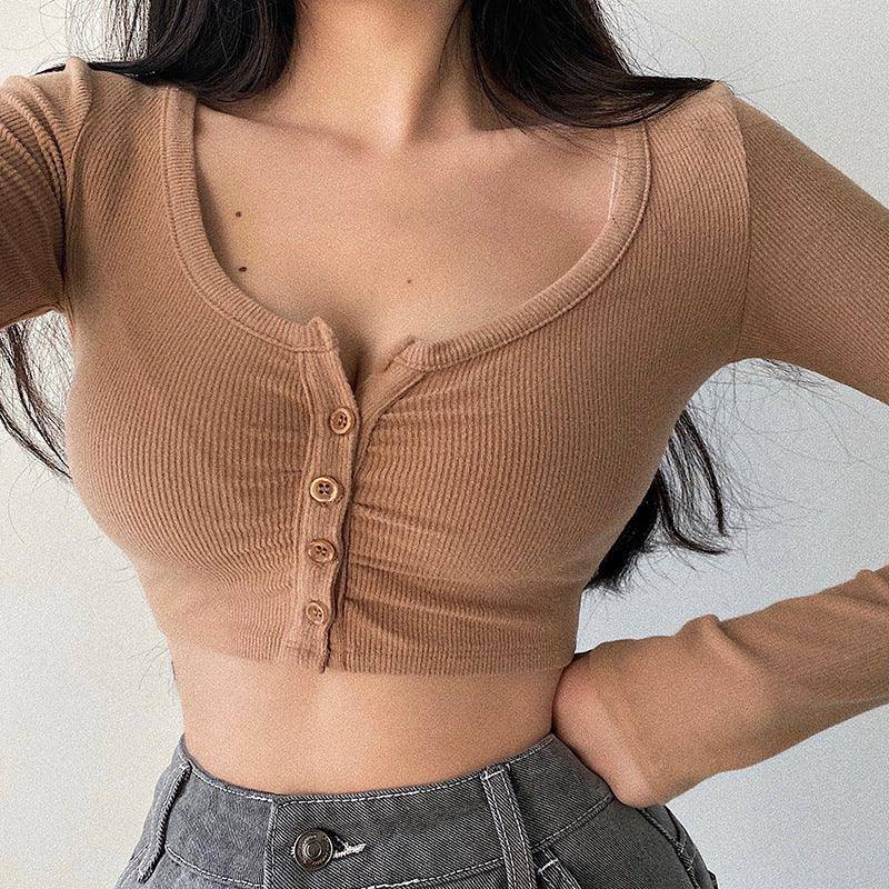 Maggie Solid Button Closure Long Sleeve Crop Top