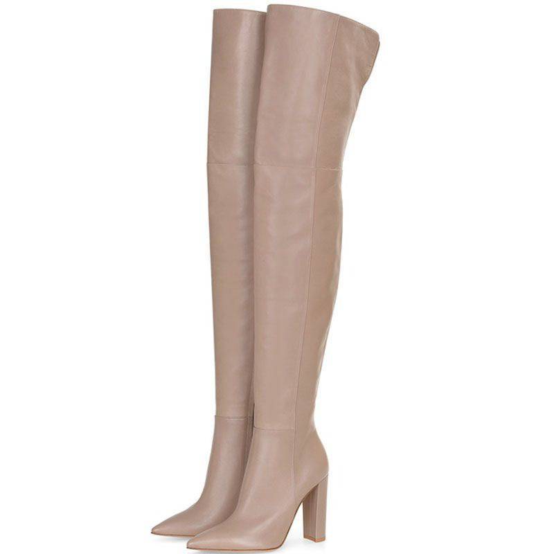 Soild Genuine Leather Pointed Toe Round Heel Over The Knee Boots with Side Zipper - Hot fashionista