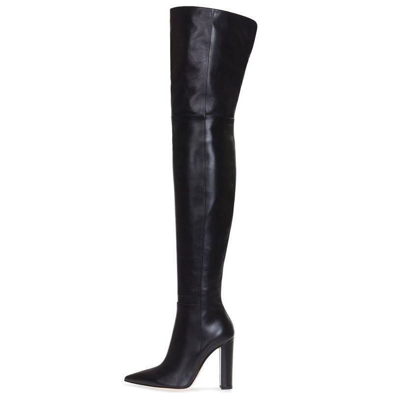 Soild Genuine Leather Pointed Toe Round Heel Over The Knee Boots with Side Zipper - Hot fashionista