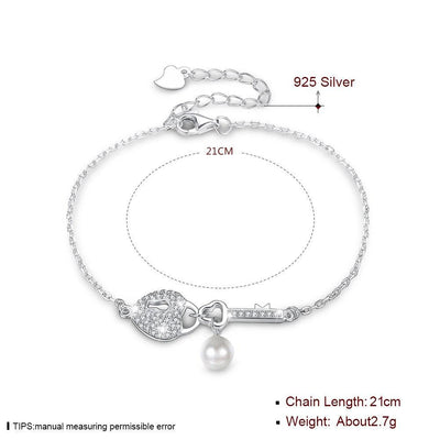 Pulsera con llavero de corazón de plata pura Madge con circonitas y perlas