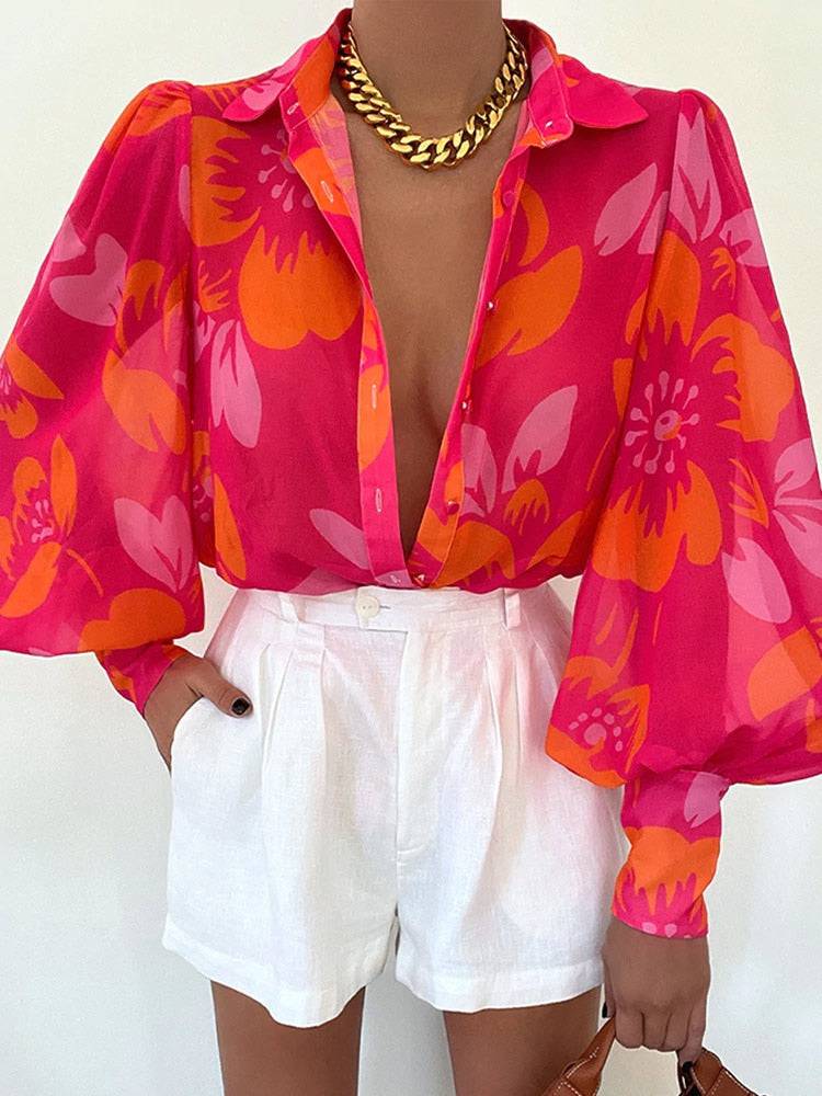 Long Lantern Sleeve Print Women Shirt Elegant Lapel Floral Pleated Office Ladies Shirts Summer Loose Fashion Tops - Hot fashionista