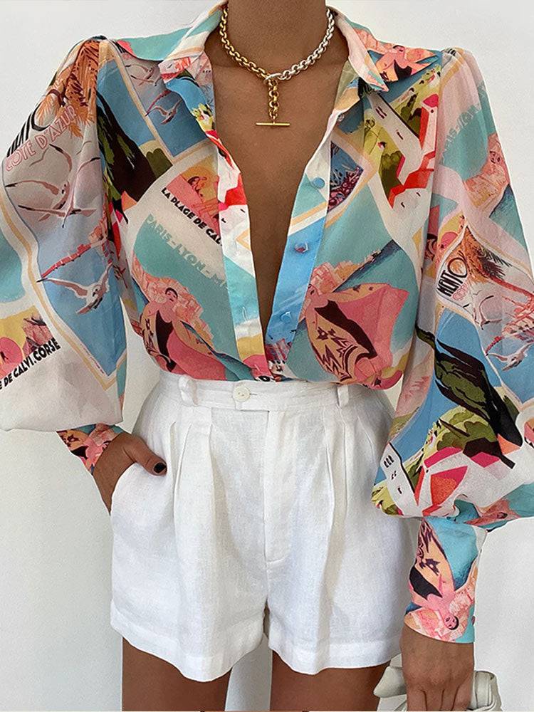 Long Lantern Sleeve Print Women Shirt Elegant Lapel Floral Pleated Office Ladies Shirts Summer Loose Fashion Tops - Hot fashionista