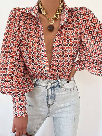 Long Lantern Sleeve Print Women Shirt Elegant Lapel Floral Pleated Office Ladies Shirts Summer Loose Fashion Tops - Hot fashionista